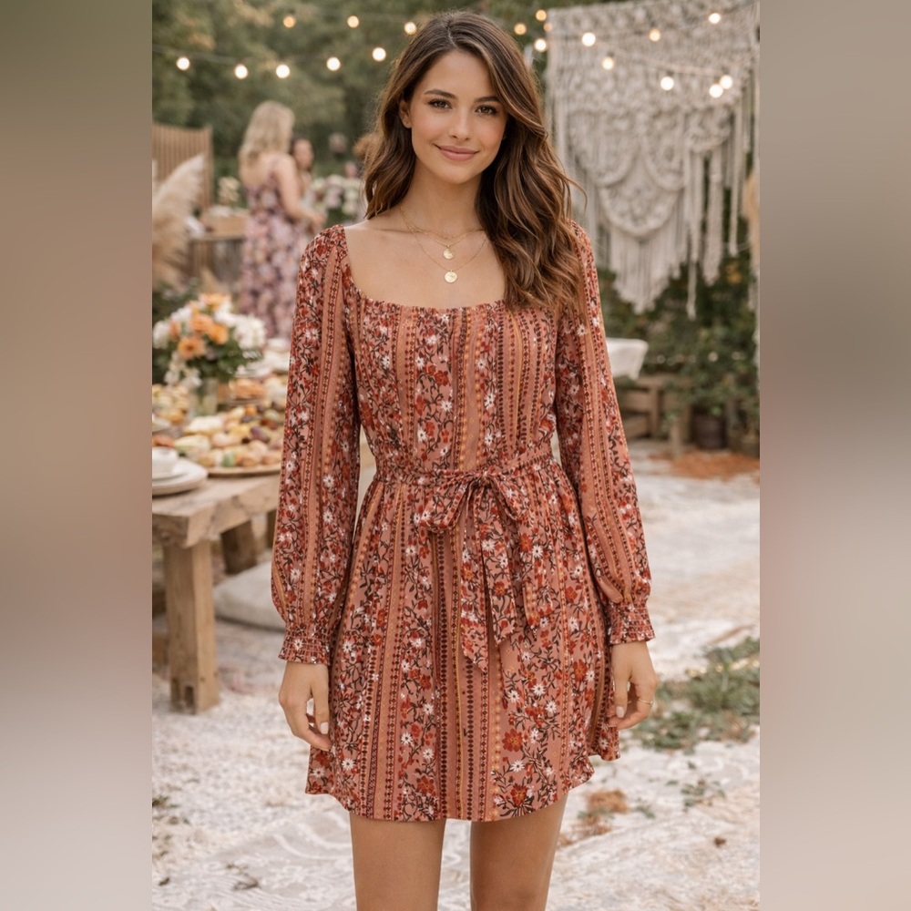 Derek Heart Boho Floral Mini Dress Women’s L Rust Long Sleeve Tie Waist